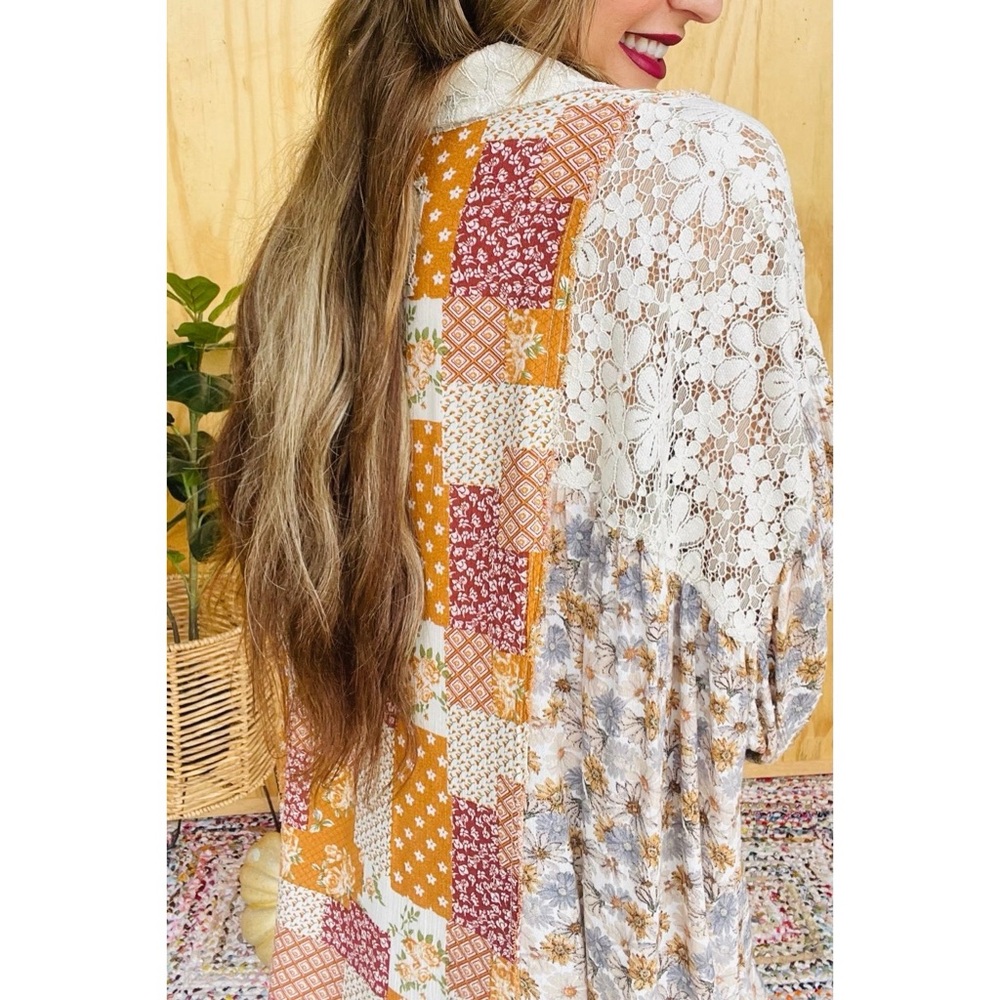 POL Floral + Lace Patchwork Button Down Shirt in Caramel Cream - Picture 7 of 15